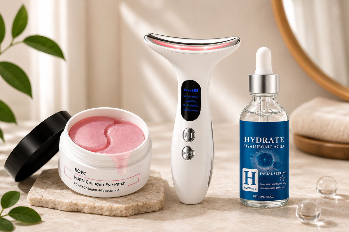 Pack Renueva 3en1: masajeador LED, parches de colágeno y serum facial